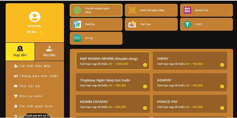 Cách nạp tiền New88 đơn giản qua internet banking